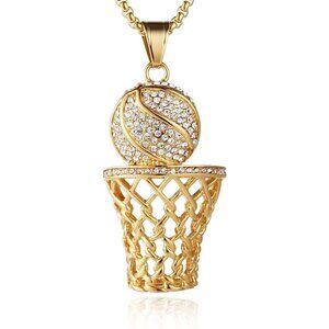 18K gold plated basketball hoop rim CZ inlay pendant box 22" chain necklace NWT